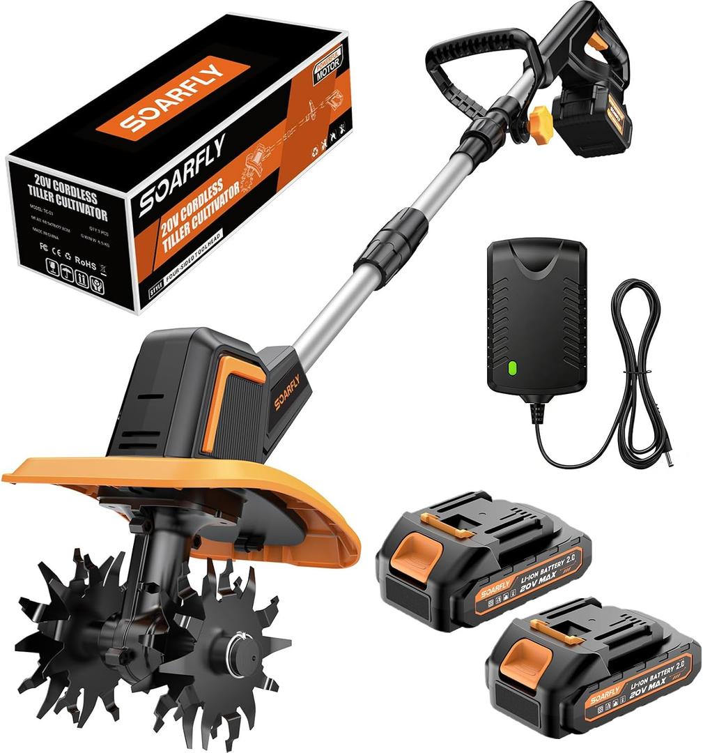 SOARFLY Upgraded Cordless Tiller for Gardening with Dual 2.0Ah Batteries, 48 Steel Tines Battery Rototiller, 9" Width 6.6" Depth Garden Tiller Cultivator for Soil, Tending & Composting (Orange)