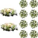 NUPTIO Flower Wedding Centerpieces for Tables - 10 Pcs 14 inch Diam Large White Artificial Flowers Fake Roses Candle Rings Wreaths Spring Summer Wreath for Front Door Weddings Party Ceremony Decor