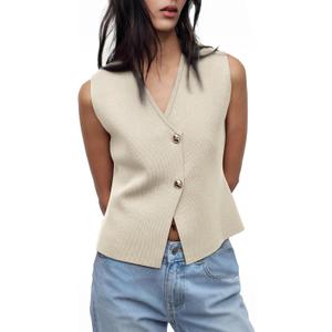 Sweater Vest Women Vest Tops Button Down Sleeveless Cute Vest 2025 Summer Spring Work Business Casual Outfits (Small, Light Khaki)