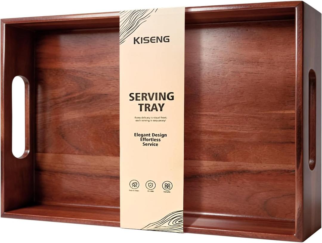 Acacia Wood Serving Tray with Handles, 17 x 12 Inch Large Wooden Tray for Food & Drinks, Coffee Table, Ottoman, Breakfast in Bed Includes Free Leather Mat
