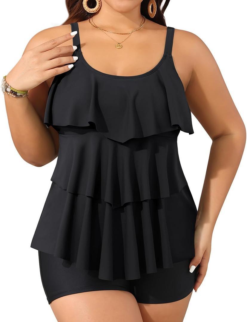 Yonique Women's Plus Size Tankini Swimsuits with Shorts Two Piece Bathing Suits Ruffle Swimsuits Tummy Control Swimwear (Black)