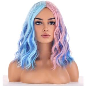 BERON Blue and Pink Wigs for Women Short Curly Bob Wavy Wig Girls Colorful Body Heat Resistant Synthetic Hair Wig Cosplay Daily Party Wigs