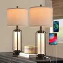 Way Dimmable Farmhouse Table Lamps Bedroom Touch Bedside Lamp Modern Glazed Ceramic Lamp 2 Set with Fabric Shade,USB Type-C Port for Bedroom,Reading,Desk,Living Room,Office (2, 27in)