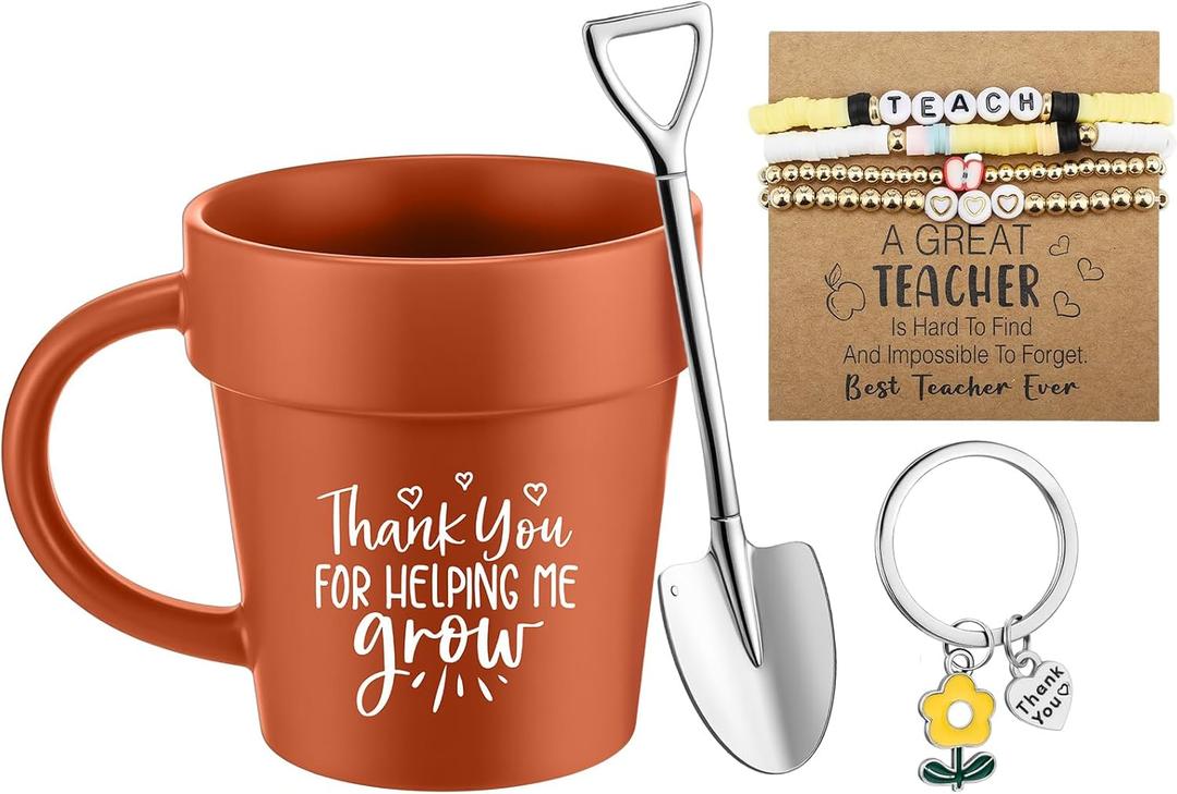 Didaey 5 Pcs Personalized Teacher Appreciation Gifts for Women Sunflower Graduation Gifts Thank You for Helping Me Grow Sunflower Doll Gardener Coffee Mug Bracelet Keychain