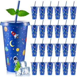 Chuangdi 24 Pcs Space Party Plastic Cups with Lid and Straw 24 oz Outer Space Party Favors Galaxy Astronaut Cups for Birthday Baby Shower Party Supplies