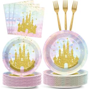 Justforjoyful 200Pcs Princess Castle Birthday Party Supplies Watercolor Pastel Rainbow Plates and Napkins Gold Glitter Tableware Set for Fairytale Baby Shower Party Decorations for 50 Guests