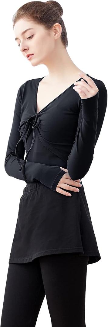 Daydance Black Cotton Teen Girls Ballet Wrap Top Crop Dance Cover up with Thumb Hole (S)