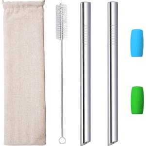 Metal Boba Straws Reusable Smoothies Straws 10" Stainless Steel Straw Angled Tips 0.5" 1/2 In Wide Straw for Jumbo Bubble Tea Milkshakes Milk Tea Tapioca Pearl With Silicone Tips Carry Bag Brush 2 Pcs