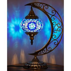Baquler Turkish Mosaic Moon Lamp - Handmade Stained Glass Table Lamp with Metal Crescent Base, Bohemian Moroccan Bedside Night Light for Bedroom Living Room Decor, Unique Gift(Vintage Style)