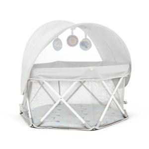 My Play Baby Portable Infant Bassinet, Indoor Outdoor UPF 50+ Canopy, Mesh Sides, 29x14 Inches, Foldable Travel Playard with Toys, Padded Base, Newborn to 15 Pounds