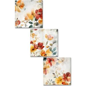 DuoBaorom Floral Canvas Wall Art Red Orange Vintage Wildflower Painting Set of 3 Pieces Flower Bedroom Decor 12 x12 inches, 12 X 12 Inches x3 Pieces