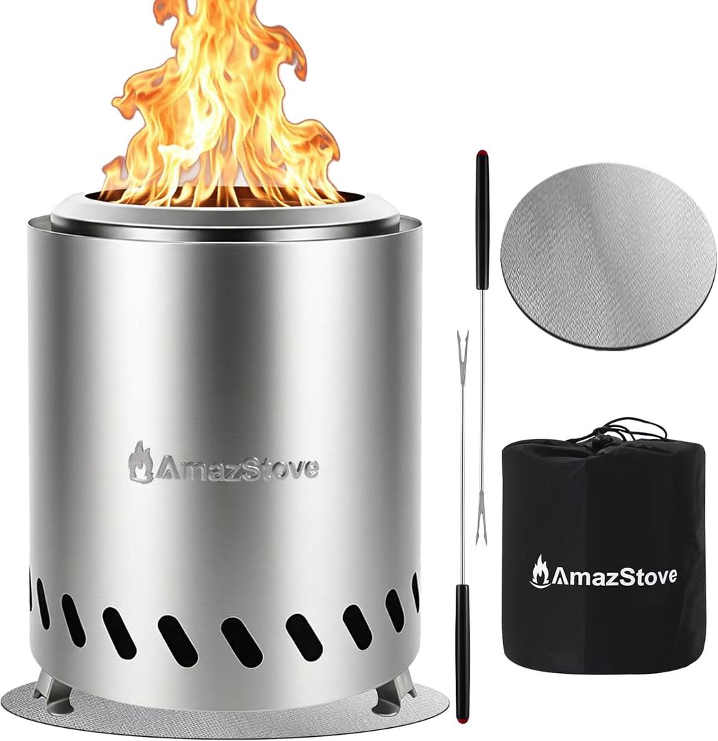 9.7 x 7.1 Inch Tabletop Fire Pit by AmazStove, Low Smoke Camping Stove for Outdoor Safe Burning Firepits, Fueled Pellets or Wood, Travel Bag Included (Silver, 9.7'' x 7.1'')