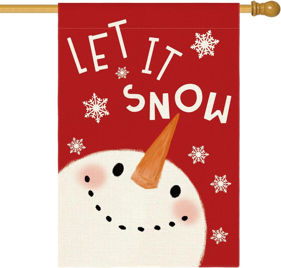 AVOIN colorlife Let It Snow Snowman Snowflake House Flag 28 x 40 Inch Double Sided Outside, Christmas Winter Holiday Yard Outdoor Decorative Flag Red