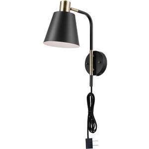Globe Electric 51374 Cleo 1-Light Plug-in or Hardwire Wall Sconce, Matte, Antique Brass Accents, Black Cloth Cord, 14.44