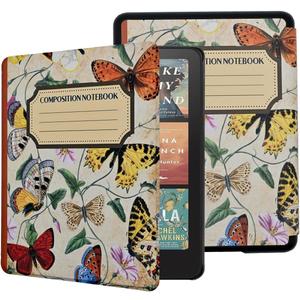 Case for All-New Kindle Paperwhite 12th Gen, 2024 and Kindle Colorsoft Signature Edition, PU Leather Protective Cover with Auto Sleep Wake Hand Strap, Composition Notebook Butterfly