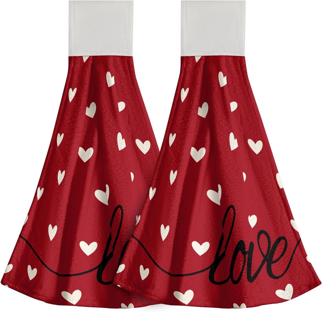 Giwawa Love Hearts Hanging Kitchen Towel Set of 2 Happy Valentine's Day Red Hand Tie Towel with Loop & Hook Romantic Soft Absorbent Dish Tea Bar Towel Washcloth for Bathroom Laundry Room Decor