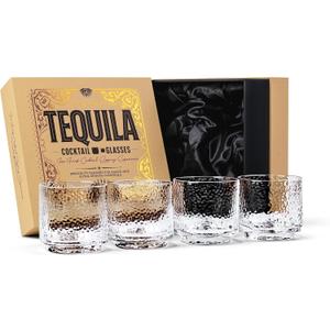 GLASSIQUE CADEAU Tequila Sipping and Cocktail Glasses | Set of 4 | 10 oz Hammered Rocks Glasses for Drinking Mezcal, Margarita, Paloma | Thick Lowball Glasses | Tequila Glassware Collection