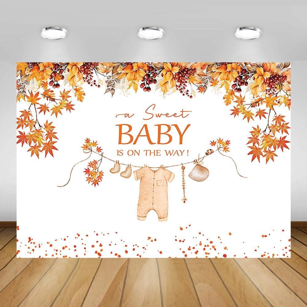 7x5ft Fall Baby Shower Backdrop A Sweet Baby is On The Way Photography Background Newborn Kids Maple Leaf Baby Shower Party Decorations Autumn Leaves Banner Supplies Photo Booth Props