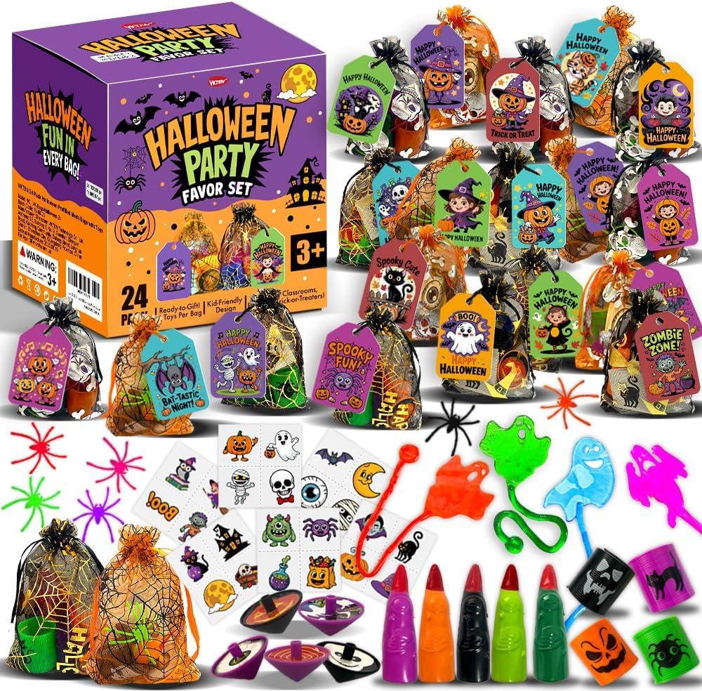 24 Pack Halloween Party Favors for KidsPrefilled Mesh Treat Bags with Toys, Gift Tags & TwineTrick or Treat Goodie Bag Fillers, Classroom Prizes & Exchange Gifts