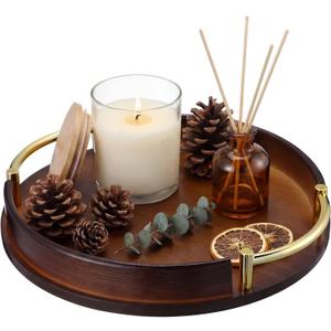 11.6 Inch Serving Tray with Handles Decorative Bamboo Tray Round Jewelry Trinket Trays for Kitchen Multipurpose Kitchen Organizing Home Decor (Brown)