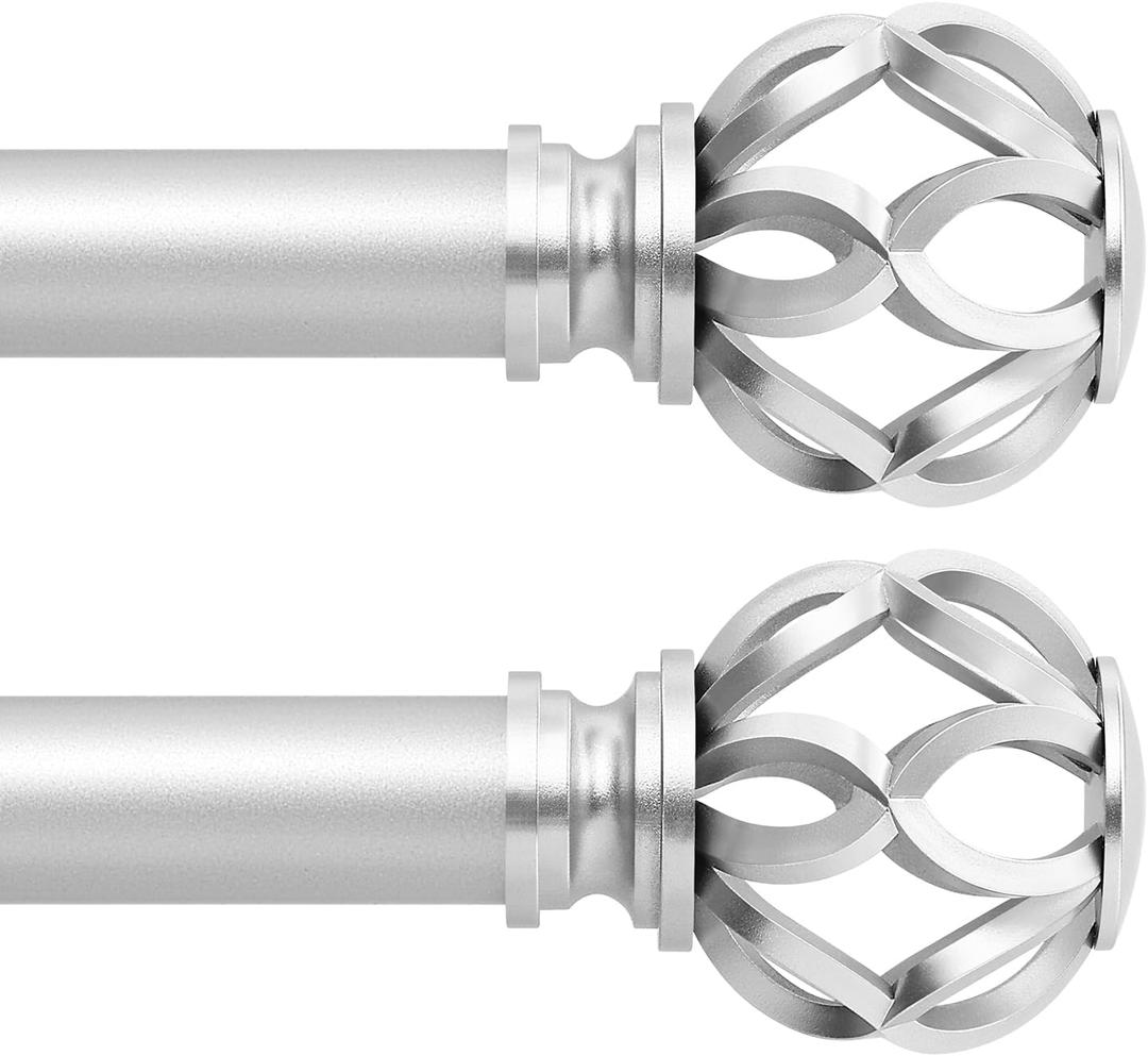 Silver Decorative Farmhouse Curtain Rods 2Pack:18-45"Adjustable Heavy Duty Single Window Curtain Rod for Bedroom Living Room,Silver Boho Rustic Drapery Rod with Vintage Twist Finial Easy Install