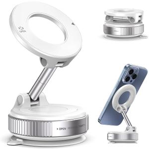 Vacuum Magnetic Suction Phone Holder, Foldable and Retractable Hands-Free Suction Cup Phone Mount for Car/Gym/Mirror/Smooth Surface, Compatible with iPhone Android and All Smartphones (White)