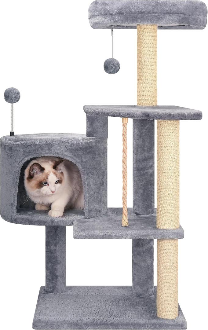 TINWEIUS Multifunctional Cat Tree for Indor Cats, Cat Tower with Cozy Condo, Perches, Scratching Posts and Hanging Rope, Grey (35.4")