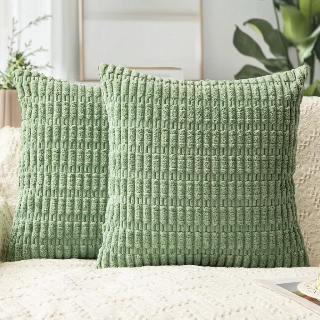 QUORGVES Corduroy Decorative Throw Pillow Covers 18x18 Inch Set of 2 Soft Boho Striped Light Green Pillow Covers Farmhouse Home Decor for Sofa Living Room Couch Bed Sage Green
