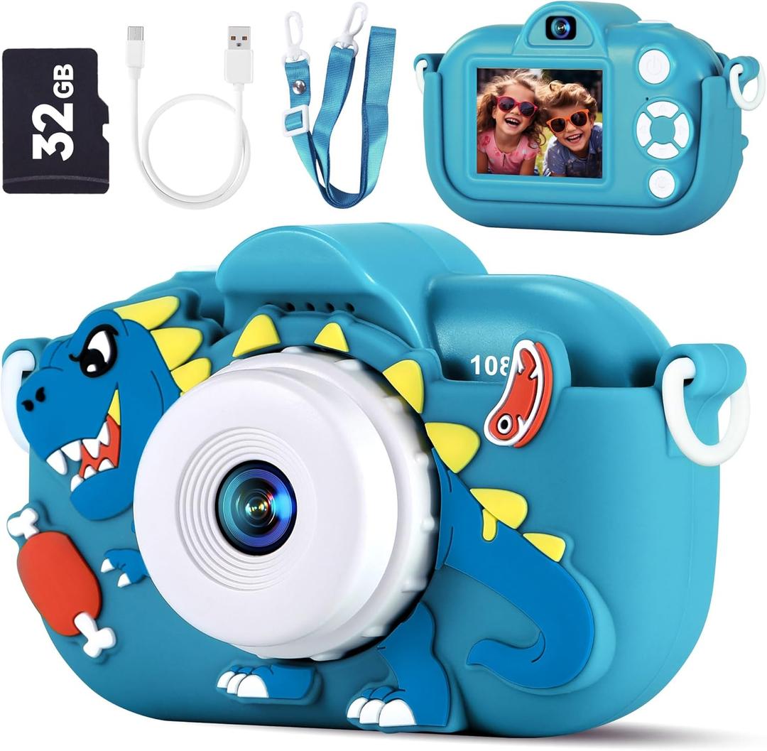 Kids Camera Toddler Toys for Boys Aged 3-9, 1080P Toddler Camera Christmas Birthday Gifts for Boys Ages 3 4 5 6 7 8 9, Digital Selfie Camera with Cute Protective Cover and 32GB SD Card (Blue)