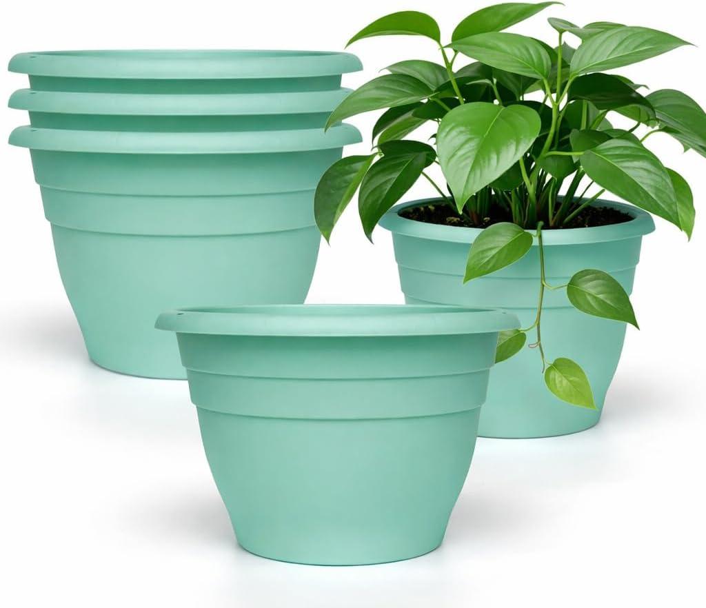RooTrimmer 5 Pack 10 Inch Plant Pots for Indoor Outdoor, Plastic Floor Planters with Drainage Holes, Lightweight Flower Pots for Home, Patio & Garden (Blue)