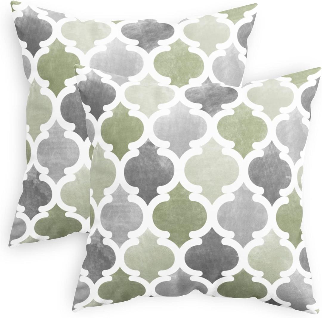 CaliTime Throw Pillow Cases Pack of 2 Cozy Fleece Gradient Geometric Trellis Chain Quatrefoil Accent Decorative Cushion Covers for Couch Bed Sofa Farmhouse Decoration 18 X 18 Inches Sage Green Grey