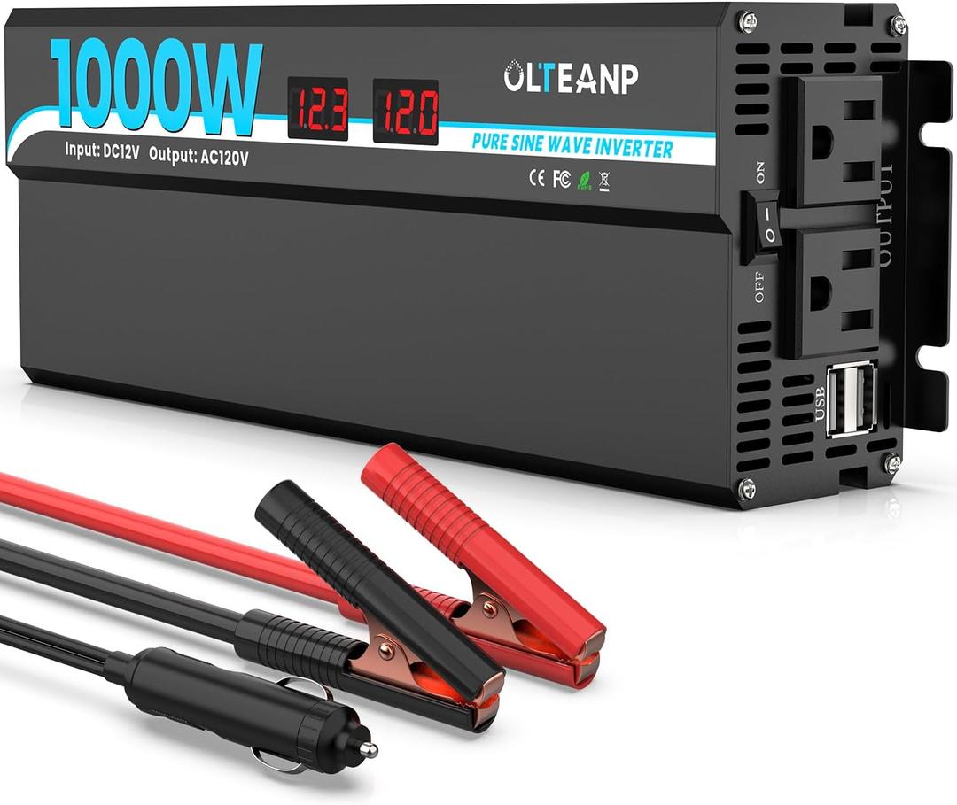 OLTEANP 1000W Pure Sine Wave Power Inverter with 2 AC Outlets, 2 USB Ports, LCD Display, 12V to 110V Car & Home Inverter for Vehicles, Laptop