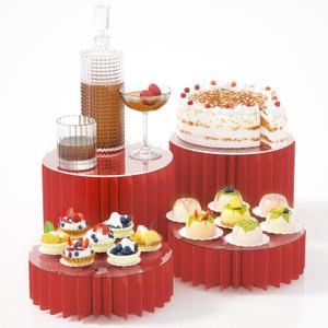 4 Pack Buffet Risers, Foldable Accordion Food Display Risers with Acrylic Disc, Dessert Table Display Set, Cardboard Paper Cupcake Cake Stand for Party Cylinder Stands for Parties Drink Collectibles Jewelry Figures, Multi-height, Red
