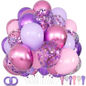 68Pcs Pink and Purple Balloons 12 Inch Metallic Purple Pink Latex Balloon Confetti Ballons with Ribbons Party Balloons for Wedding Girls Birthday Baby Shower Decorations