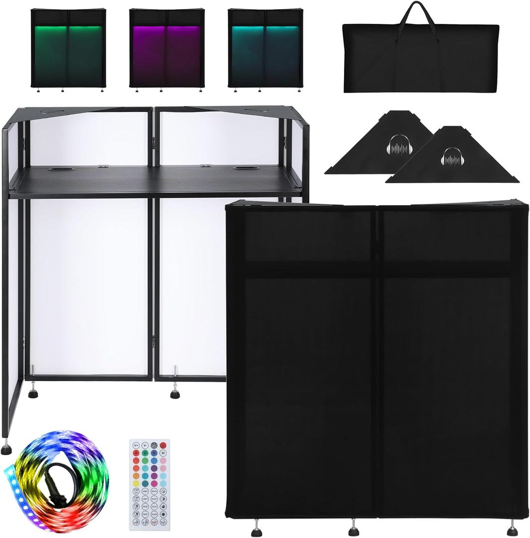 LUCKUP DJ Facade Booth 41"L x 20"W Portable DJ Facade with White & Black Scrim, Foldable DJ Table Station with LED Strips for Party, Black Metal Frame, 41.1"Lx19.7"W with LED strips