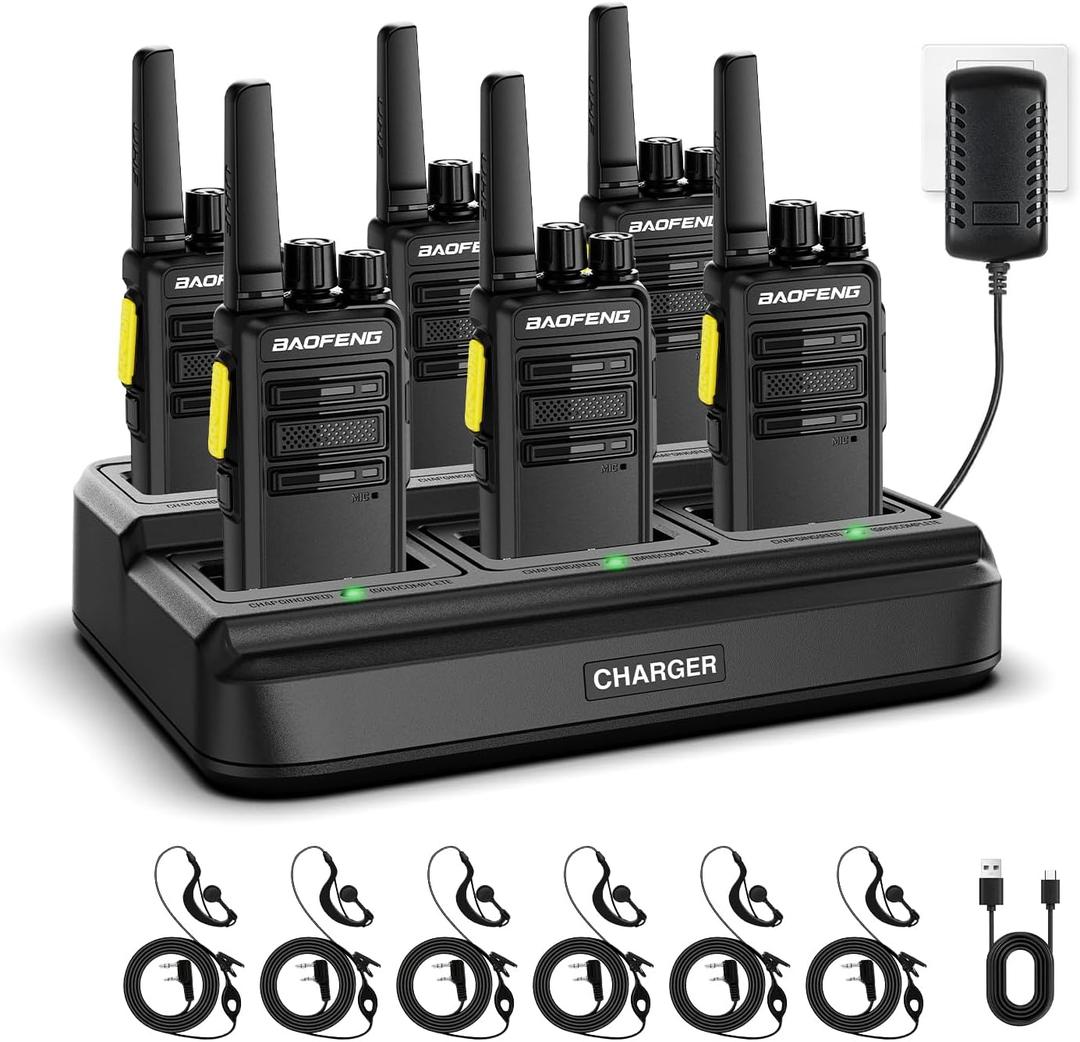 BAOFENG BD-V12B Radio 6 Pack Long Range Walkie Talkies for Adults, Rechargeable Two-Way Radios Walkie Talkies with Earpiece, 6 Way Multi Gang Charger, USB Charging Battery for School,Church,Cruise