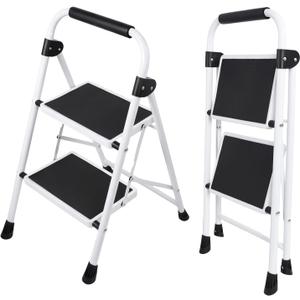 DUMOS Step Ladder, 2 Sturdy Step Stool with Anti-Slip Pedal & Comfortable Handrail, Portable Heavy Duty Step Stool for Kitchen, Garage & Outdoor Use, 330lbs, Black