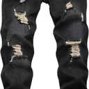 JUNBAOSS Men's Black Slim Fit Jeans 95% Cotton, 3% Polyester, 2% Spandex, Size 42, Ripped