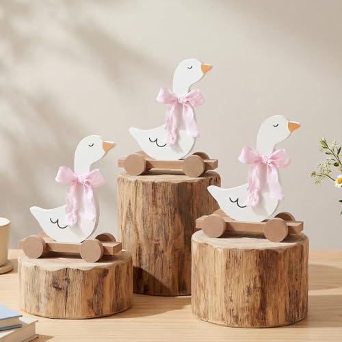 Wenqik 2 Pcs Silly Goose Baby Shower Table Centerpieces Pink Bow Wooden Goose on Wheels Decor Table Centerpiece Geese for Baby Shower Nursery Decor Photo Prop 1st Birthday Party