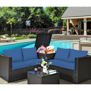 DORTALA 4 Piece Patio Furniture Set, PE Rattan Outdoor Conversation Set with Coffee Table, Storage Box & Loveseats, Wicker Sectional Sofa Set for Backyard Garden Poolside, Navy