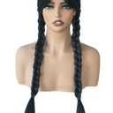 Double black wig braids Costume Wigs Synthetic fiber two braid Wig with bang Wed costume wig for women Costume party Black braids with bang)