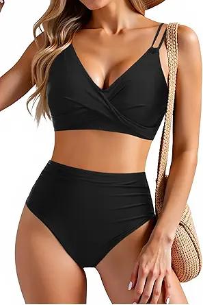 Holipick Women Black with Flower High Waisted Bikini Set Two Piece Swimsuits Push up Wrap Swim Suits Top Tummy Control Bathing Suit Size L