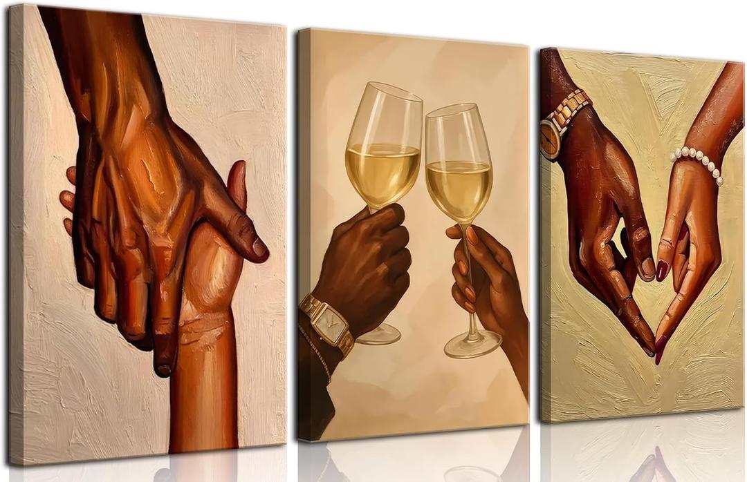3Pcs Black Couple Canvas Wall Art Black Love Wall Decor Pictures African American Couple Holding Hands Posters Prints for Living Room Bedroom Decoration 12x16in