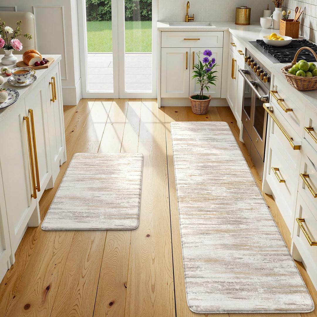 KIMODE Kitchen Anti Fatigue Mats, Farmhouse Abstract Kitchen Rugs Sets of 2, Memory Foam Kitchen Mats for Floor, Waterproof Non Skid Standing Mats for Sink Laundry Office Desk Brown 20"x71"+20"x32" (Light Brown/Multi)