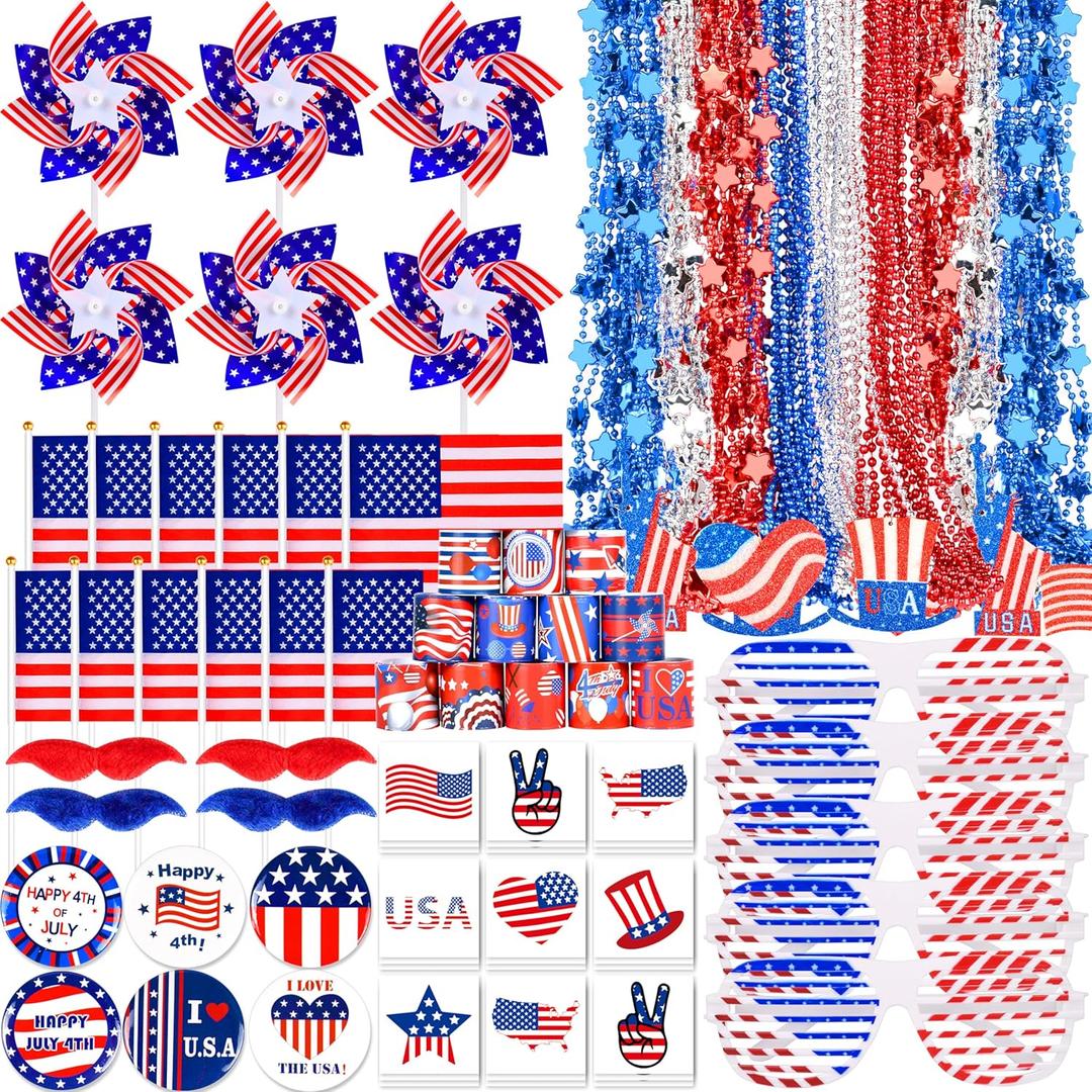 181Pcs 4th of July Patriotic Accessories for kids Including Glasses Necklaces Handheld US Flags Bracelets Pinwheels Brooches Tattoos for Independence Day, Memorial Day Party Decorations