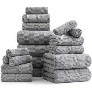 18 Pcs Gray Woven Family Towels Set-6 Bath Sheets,6 Hand Towels,6 Washcloths Soft Microfiber Towels Absorbent Shower Towel Quick Dry Beach Chair Towel Lint Less Towels Set for Bathroom Spa Gym Hotel