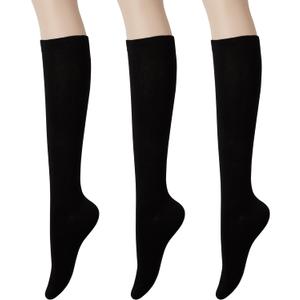 KONY Women's Cotton Knee High Socks - Fashion Socks 3 Pairs (Women's Shoe Size 5-9)(Black) (Medium)