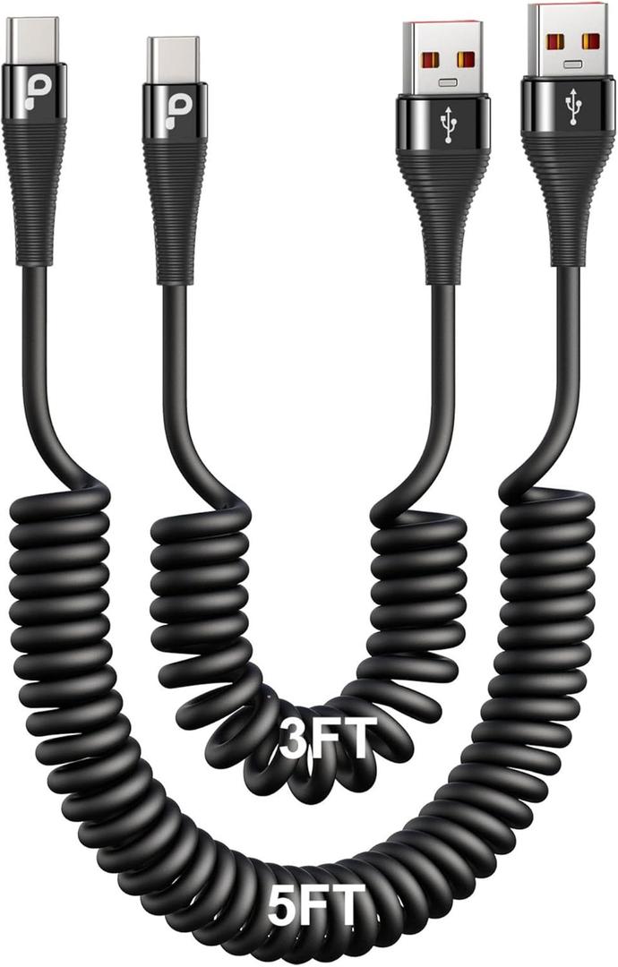 PRAKIE Coiled USB C Cable Fast Charging for Car 3FT/5FT, USB A to USB C Cable, Type C Charge Cord USB-C Charging Cable Compatible with iPhone 17/16/15/Samsung Galaxy S20 and More USB C Devices-Black