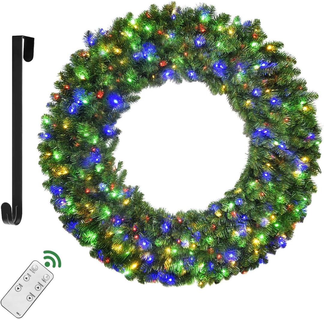 48in Large Christmas Outdoor Wreath - HOYECHI Lighted Wreaths Holiday Decor, Outdoor Wreath with 210 Colorful LEDs,714 PVC Tips, Metal Hook, 9 Functions, Timer, Power Plug-in, Remote Controls