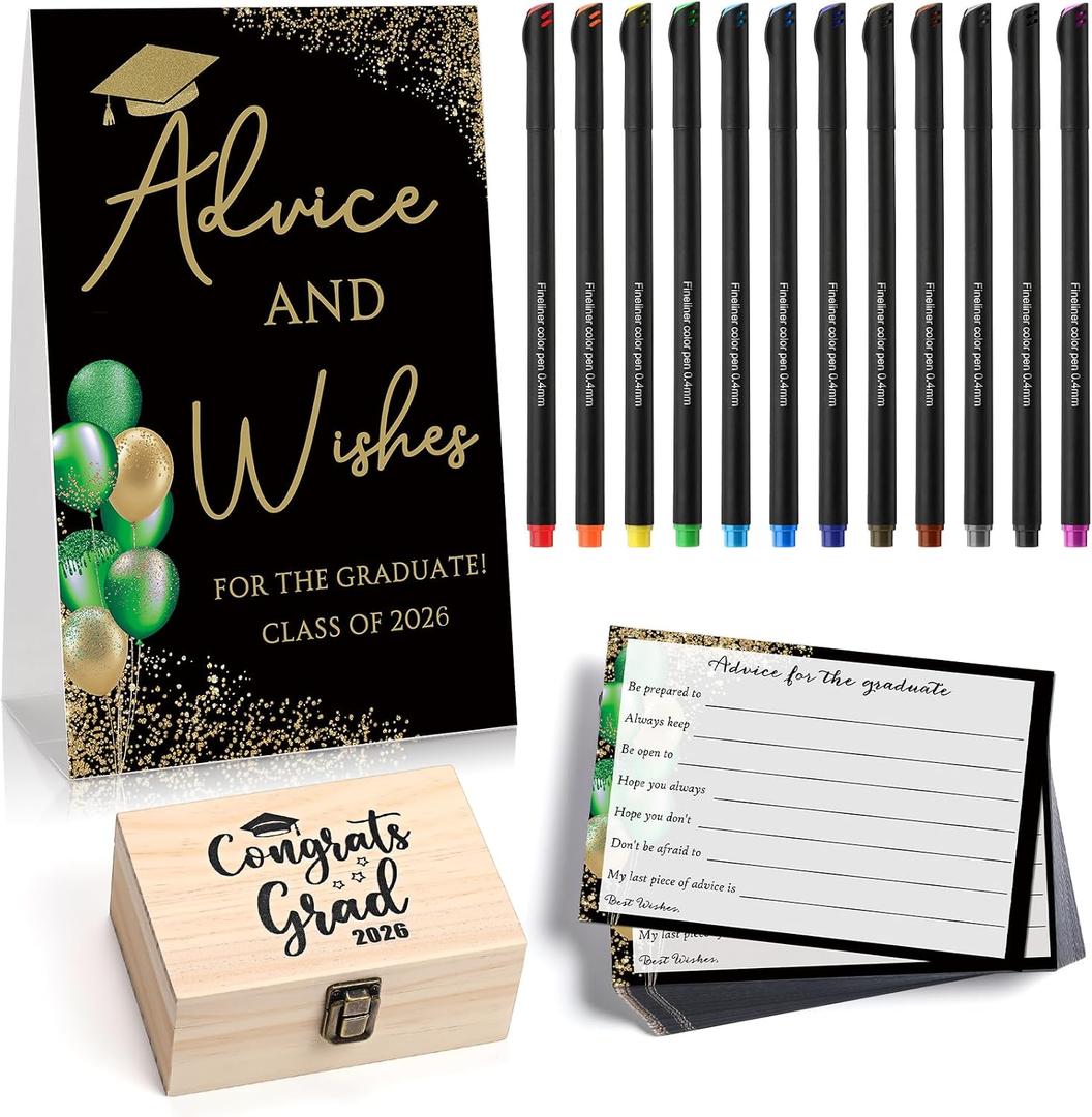114 Pcs Graduation Party Favors 101 Advice Cards for The Graduate Advice Wishes with Wood Box and 12 Colors Pens Graduation Games Decoration for High School College Celebration Gift(Green)